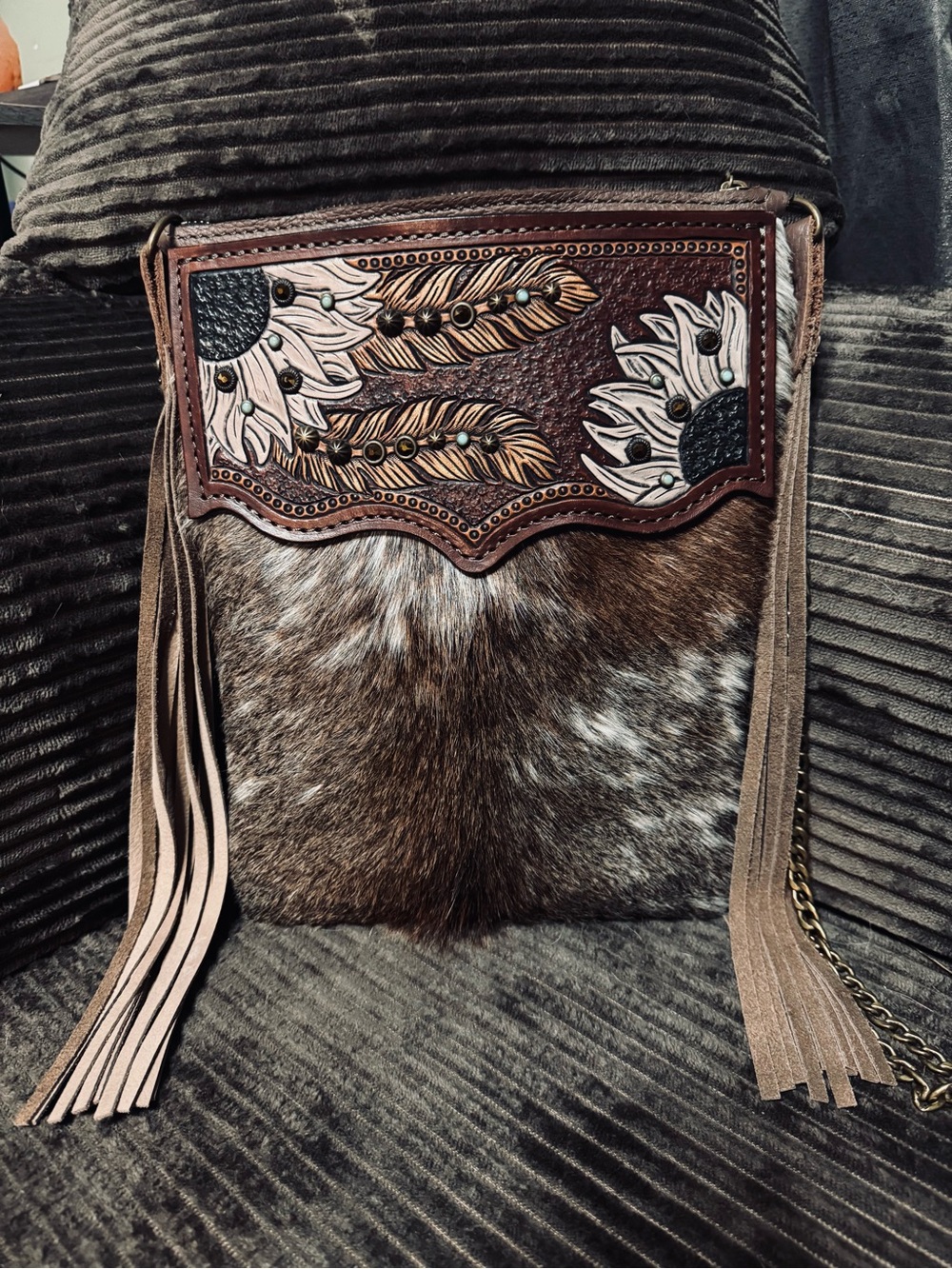 Mad Pony Custom, hand tooled, Fringed Hair-on-Hide Crossbody Bag